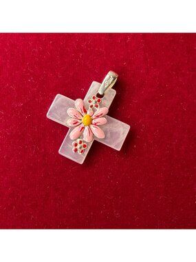 David Sigal Sterling Silver 925 Pink Rose Quartz Cross Pendant Enamel Flower